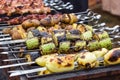 Skewered vegetables green zucchini courgettes cucumber peppers preparing barbecue grill charcoal Grilled roasted fried slices cove Royalty Free Stock Photo