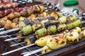 Skewered vegetables green zucchini courgettes cucumber peppers preparing barbecue grill charcoal Grilled roasted fried slices cove Royalty Free Stock Photo