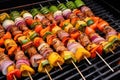 skewering grilled sausages and vegetables for kabobs