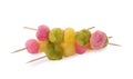 Skewers with color cotton balls isolated on white. Sweet candy Royalty Free Stock Photo