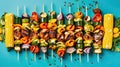 skewers of food on a blue background