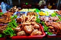 Skewers fried meat on a grill