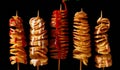Skewers with fried potatoes and sauces