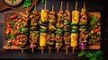 skewers of grilled meat and vegetables on a wooden