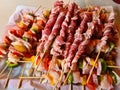 skewers ham vegetables chicken meat prepared for grilling Royalty Free Stock Photo