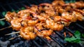Skewers of marinated BBQ prawns, grilling perfection