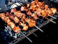 Skewers with meat are fried over the coals Royalty Free Stock Photo