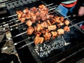 Skewers with meat are fried over the coals Royalty Free Stock Photo