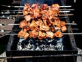 Skewers with meat are fried over the coals Royalty Free Stock Photo