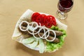 Skewers minced meat grilled kebab with pita bread and vegetables Royalty Free Stock Photo