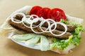 Skewers minced meat grilled kebab with pita bread and vegetables Royalty Free Stock Photo