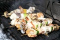 Skewers of seafood grilling Royalty Free Stock Photo