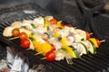 Skewers of seafood grilling Royalty Free Stock Photo