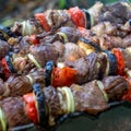 Skewers uncooked in nature on skewers in the open air