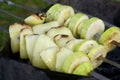 Skewers of vegetables. Skewers with sweet pepper on the grill. Visible smoke