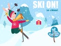 Ski animal. Leisure activities in winter. Hare on skiing in Mountain. Holidays banner with rabbit in cap, sweater and