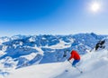 Ski area with amazing view of swiss famous mountains in beautiful winter snow Mt Fort. The matterhorn and the Dent d`Herens. In Royalty Free Stock Photo