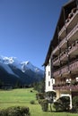 Ski chalet hotel, European alps, vertical copy space Royalty Free Stock Photo