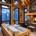 A ski chalet with a stone fireplace, a hot tub, and a mountain view3, Generative AI Royalty Free Stock Photo