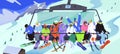 Ski elevator with different people. Men and women with snowboard lift to mountain on cableway, skier spend vacation in Royalty Free Stock Photo