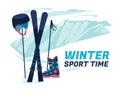 Ski equipment, Alps, snow, mountains panoramic background, flat vector illustration. Ski resort season is open. Winter web banner