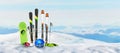 Ski equipment pinned to the snow on top of a mountain. Concept of winter holidays and snow sports Royalty Free Stock Photo