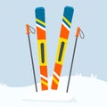 Ski equipment on resort. Flat cartoon style