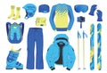 Ski equipment. Winter mountain clothes kit. Protective helmet and goggle. Waterproof jacket and pants. Backpack or boots