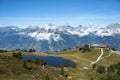 Ski facility and lake with mountain in background Royalty Free Stock Photo