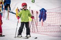 Little boy practicing skiing on ski lesson Royalty Free Stock Photo