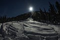 Ski freeride trail at night in moonlight Royalty Free Stock Photo
