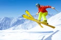 Ski fun. Young man skiing in winter mountains Royalty Free Stock Photo