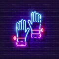 Ski gloves neon icon. Gloves for snowboarding, skiing, mountain climbing, sledging luminous sign. Vector illustration for design.