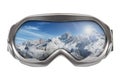Ski goggles with reflection of mountains Royalty Free Stock Photo