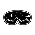 Ski goggles with reflection of snowy mountains, night sky, moon. Black illustration of snowboard equipment, winter sports mask. Royalty Free Stock Photo