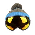 Ski goggles and woolen hat isolated on white Royalty Free Stock Photo