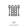 ski icon vector from sport equipment collection. Thin line ski outline icon vector illustration. Linear symbol for use on web and Royalty Free Stock Photo