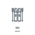 ski icon vector from winter collection. Thin line ski outline icon vector illustration. Linear symbol for use on web and mobile Royalty Free Stock Photo
