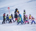 Ski instructors study young skiers in children ski school. Ski resort in Austria, Zams on 22 Feb 2015. Skiing, winter season, moun
