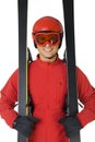 Ski jumper dressed red ski jacket Royalty Free Stock Photo