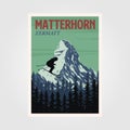 Ski jumping at matterhorn mountain poster vintage illustration design, alpine mountain ski resort poster print