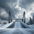Ski Jumping Ramp with Dramatic Cloudy Sky and Snowy Trees slope winter Royalty Free Stock Photo