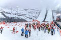 Ski jumping at the 2014 Winter Olympics was held at the RusSki Gorki Jumping Center. Nordic combined skiers get ready to start run Royalty Free Stock Photo