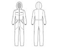 Ski jumpsuit overall jumpsuit technical fashion illustration with full length, hood, zipper closure, high rise, pockets