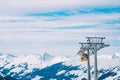 Ski lefts and cable cars in the Alps winter resort.