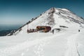 Ski lift in Almaty mountains. Shymbulak Ski Resort Hotel now-capped Tian Shan in Almaty city, Kazakhstan, Central Asia.