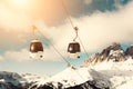 Ski lift cabin in ski resort in winter Dolomite Alps. Val Di Fassa, Italy Royalty Free Stock Photo