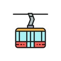 Ski lift, cable car, cabin cableway flat color line icon.