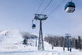 Ski lift, cable car funicular with open cabin on the background