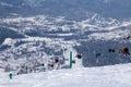 Ski lift, cable car funicular with open cabin on the background